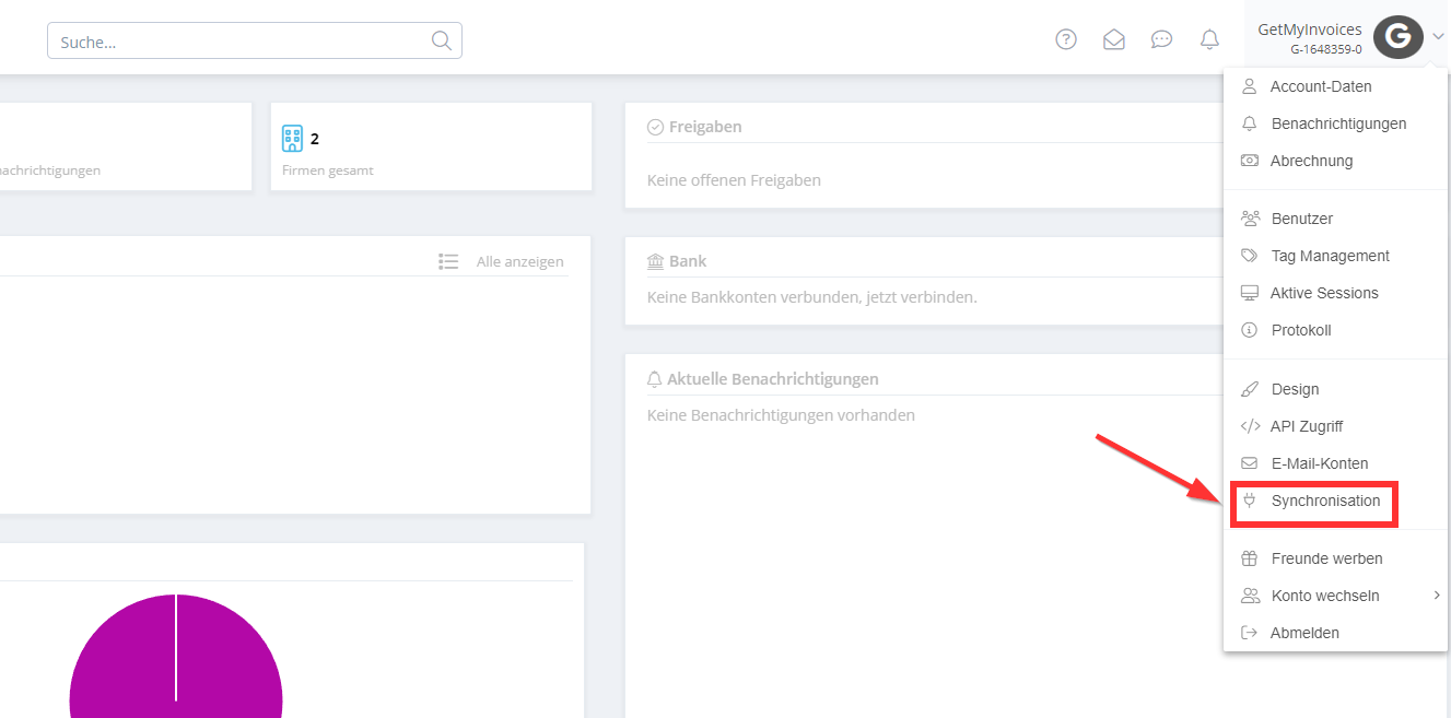 Menu a tendina sotto il nome dell’account con l’opzione «Sincronizzazione»