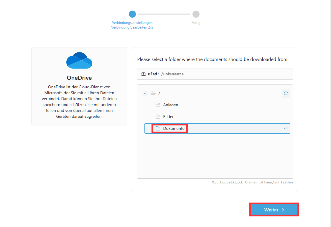 Selezione del percorso di destinazione in OneDrive