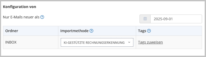Selezione del metodo di importazione con data di inizio e tag opzionali