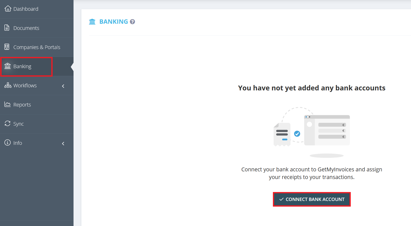 Log in to your GetMyInvoices account. Click on Banking in the menu on the left. Link bank accounts button. - Connect an American Express®