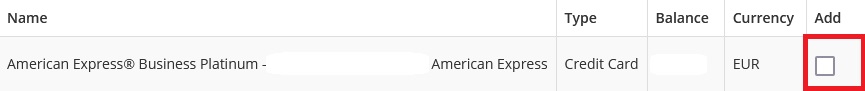 Step 5: Sepa bank accounts menu appears. Select American Express Business Card via checkbox and save. - Connect an American Express®