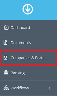 1. Step: Navigate to Companies & Portals in the menu on the left. Click the Plus (+) symbol. - Automatic 2FA Retrieval for Invoice