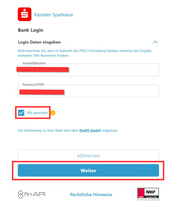 Inserimento dei dati di accesso bancari con l’opzione «Salva PIN»