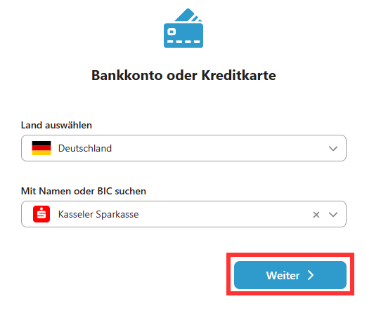 Paso 2: Buscar banco Selecciona el país del banco. Utiliza la función de búsqueda para encontrar el banco. - Vincular una tarjeta de crédito