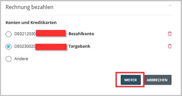 Selezione del conto di pagamento per il bonifico