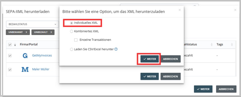 Scaricare singoli file SEPA-XML come archivio ZIP