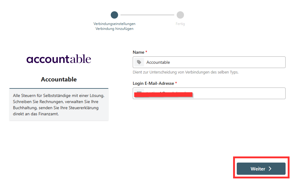 Finestra di dialogo di connessione per l’account Accountable