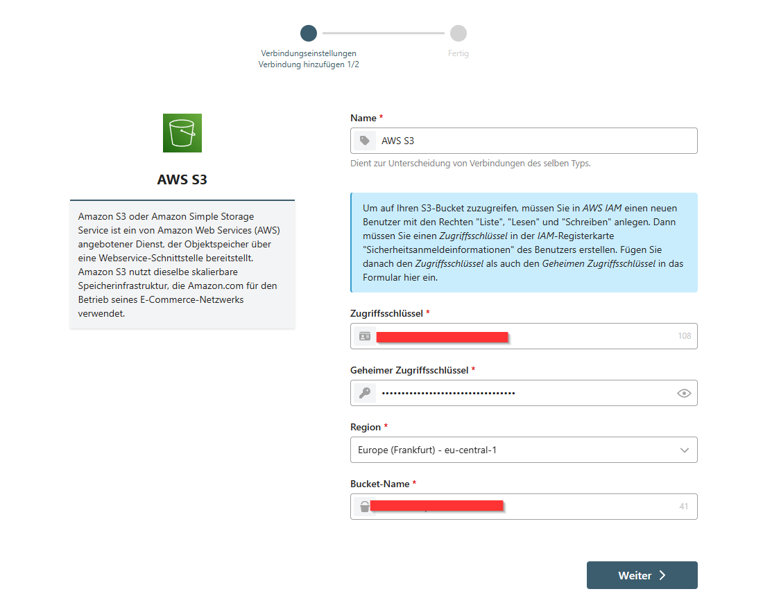 Finestra di dialogo di connessione per l’account Amazon S3