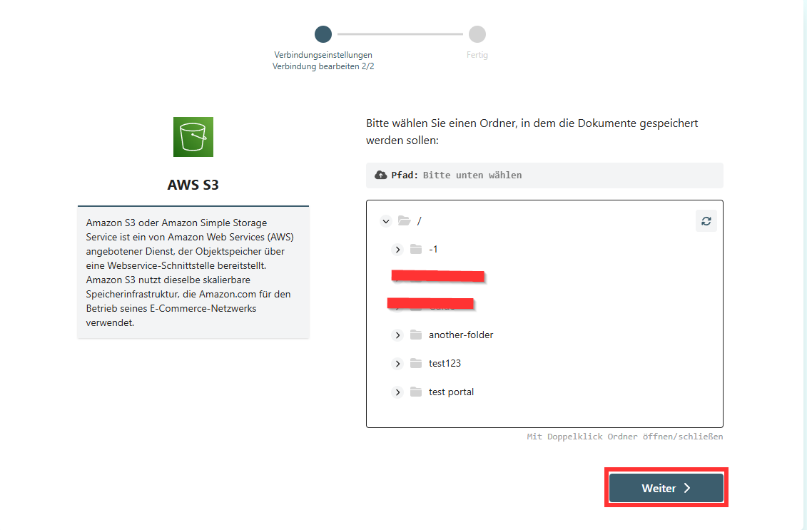 Selezione del percorso della directory in Amazon S3