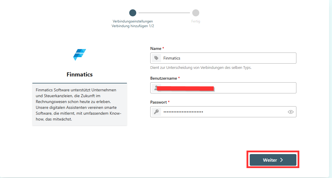 Modulo di inserimento dei dati di accesso a Finmatics