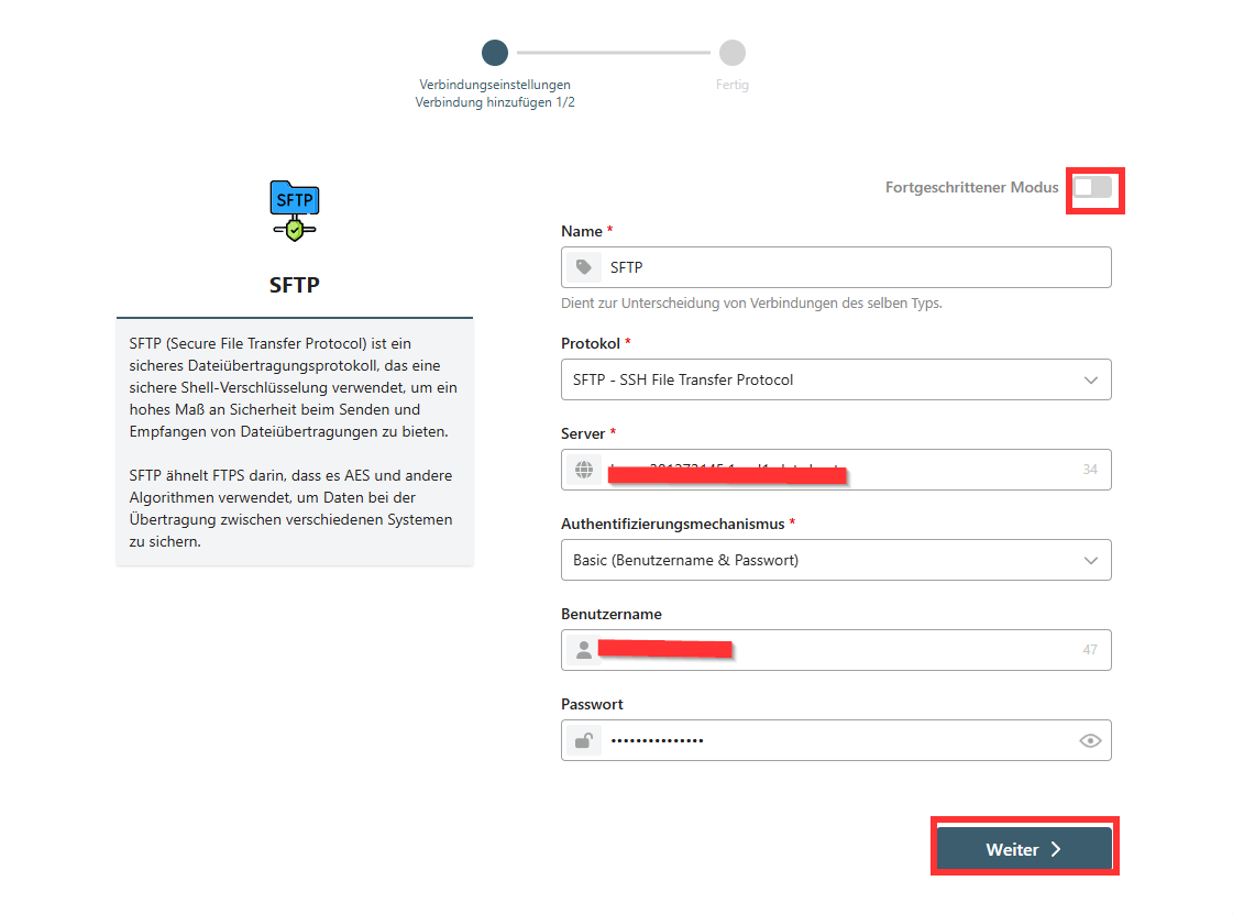 Modulo di inserimento dei dati di accesso FTP