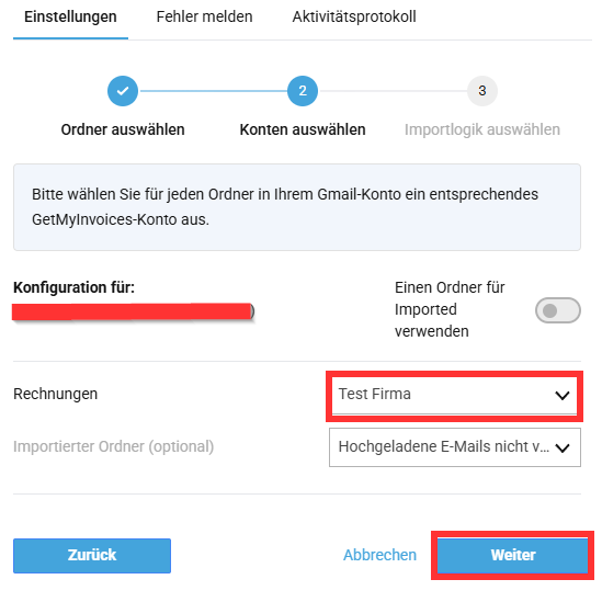 Selezione dell’account GetMyInvoices per l’importazione