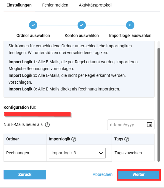 Selezione della logica di importazione per la cartella Gmail