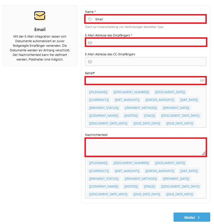 Automatic forwarding takes place. Enter the e-mail recipient. Optional: Enter the subject and the message text. - Export e-mail account