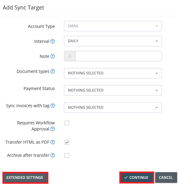 Define further criteria for the export via advanced settings. Click Next. In our example, we have the invoices archived after successful