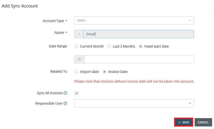 5. Step: Optional: Restrict the export period based on the invoice or import date. Click Save to start the export. - Export e-mail account