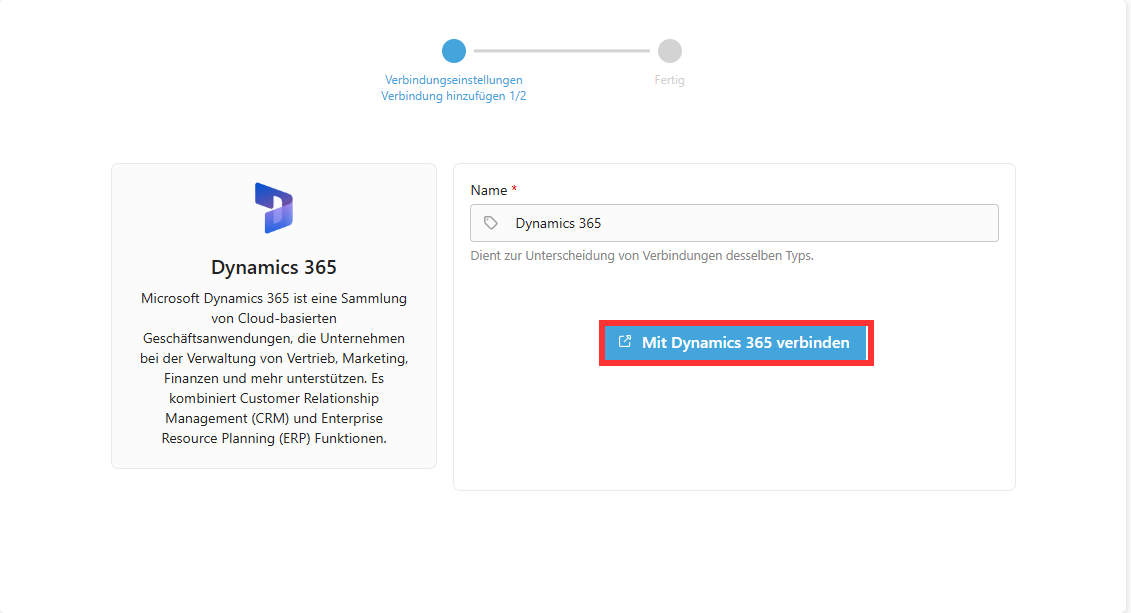 Finestra di dialogo di connessione con l’opzione «Collegare a Dynamics 365»