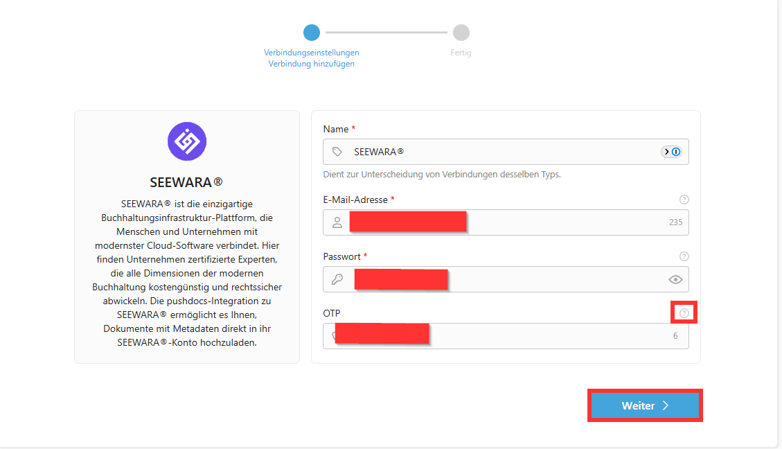 Modulo di inserimento dei dati di accesso a SEEWARA