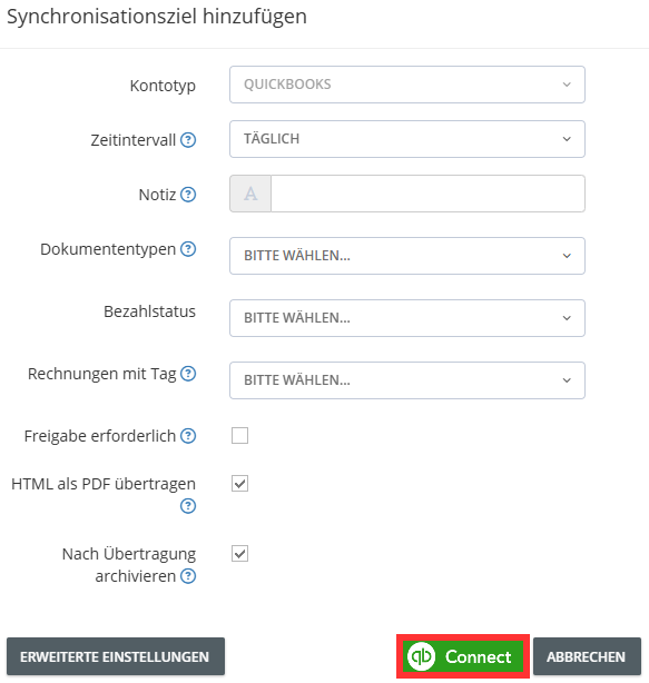 Impostazioni avanzate tramite il pulsante «Connetti»