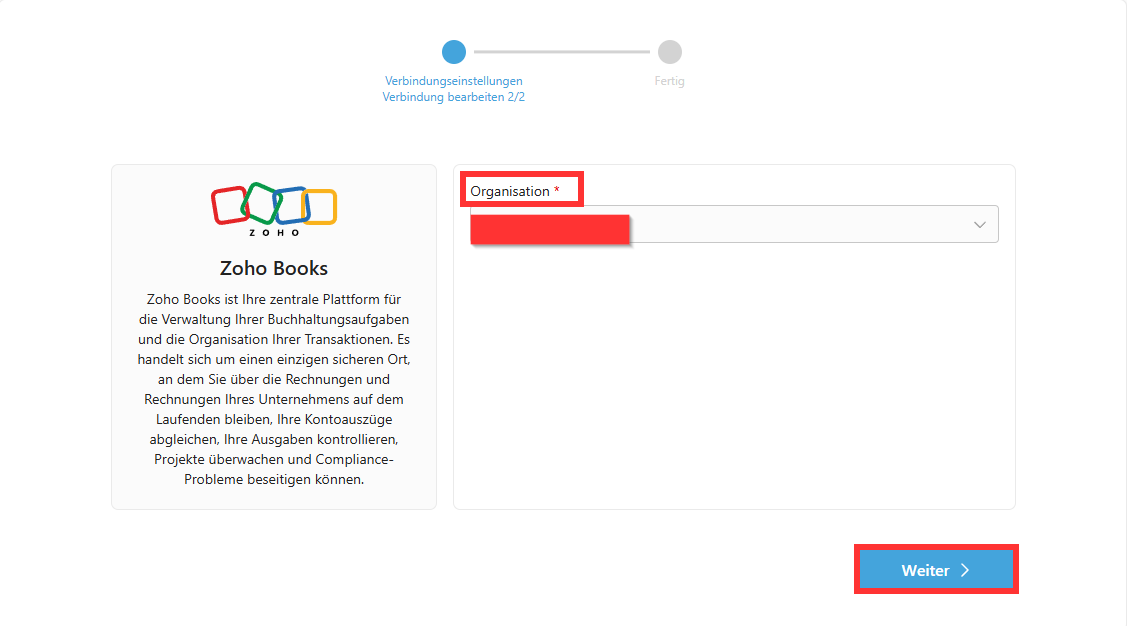 Selezione dell’organizzazione in Zoho Books