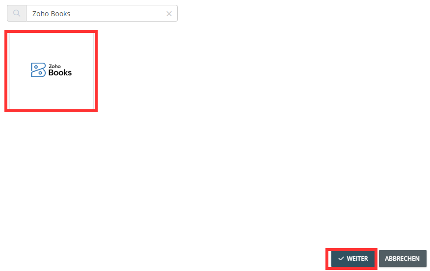 Risultato della ricerca con il riquadro di Zoho Books