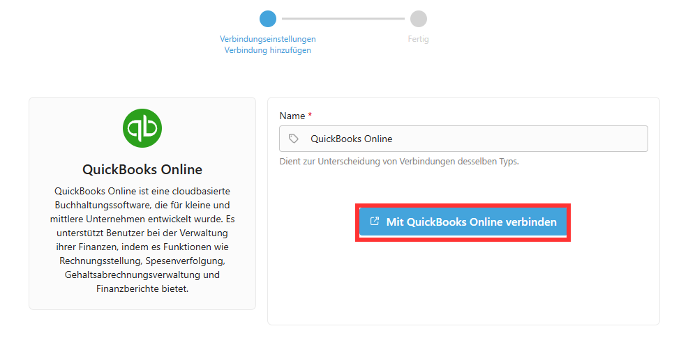 Finestra di dialogo di connessione con l’opzione «Collegare a QuickBooks Online»