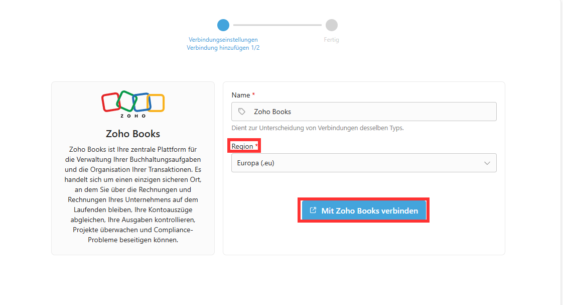 Selezione della regione tramite l’opzione «Connettiti a Zoho Books»
