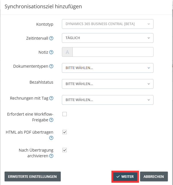 Impostazioni avanzate per l’esportazione in Dynamics 365