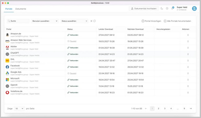 Interfaccia dell’app desktop GetMyInvoices con la panoramica del portale