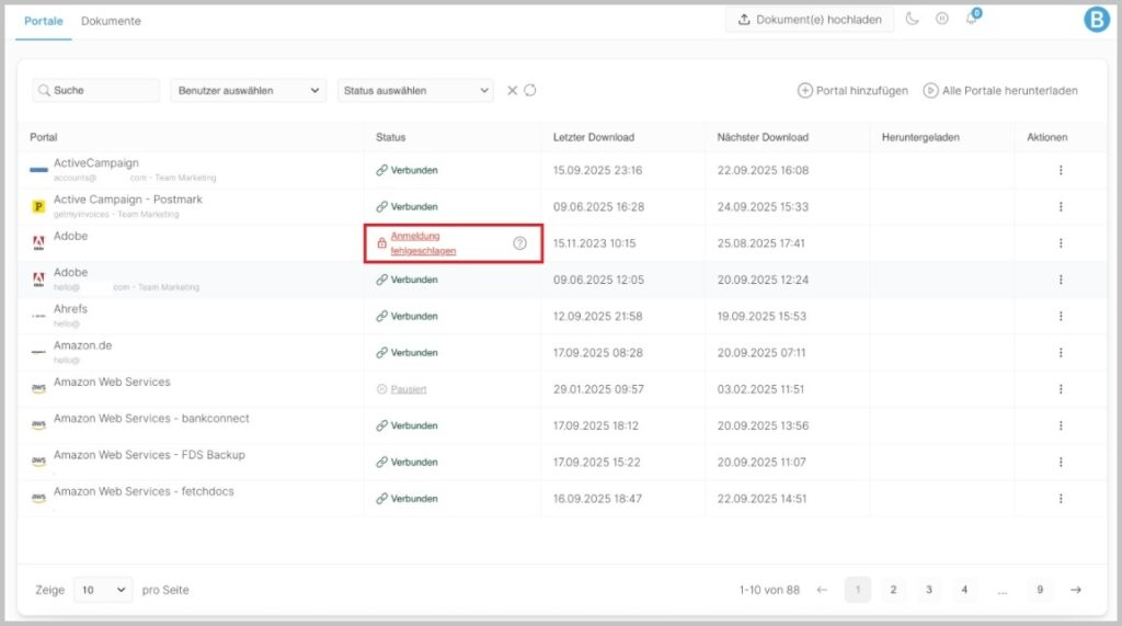 Panoramica del portale dell’app desktop con il messaggio «Accesso non riuscito»