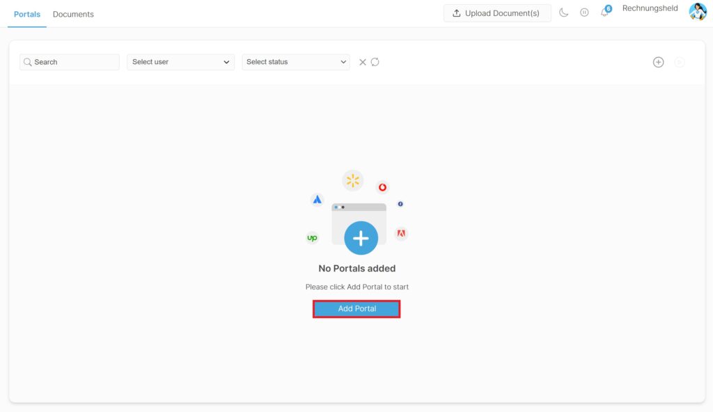 Click on “Add portal.” Select the desired portal in the search field. Then click on “Continue.” - Desktop App Installation & Setup