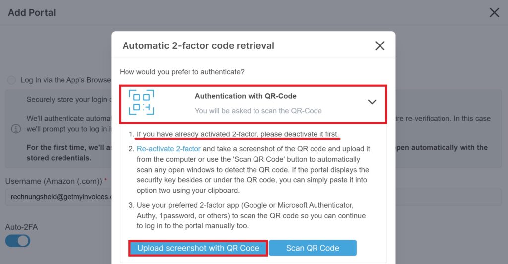 When activating 2FA, select the “Authentication app” option. Save the QR code that is displayed. IMPORTANT: Make sure to only frame and