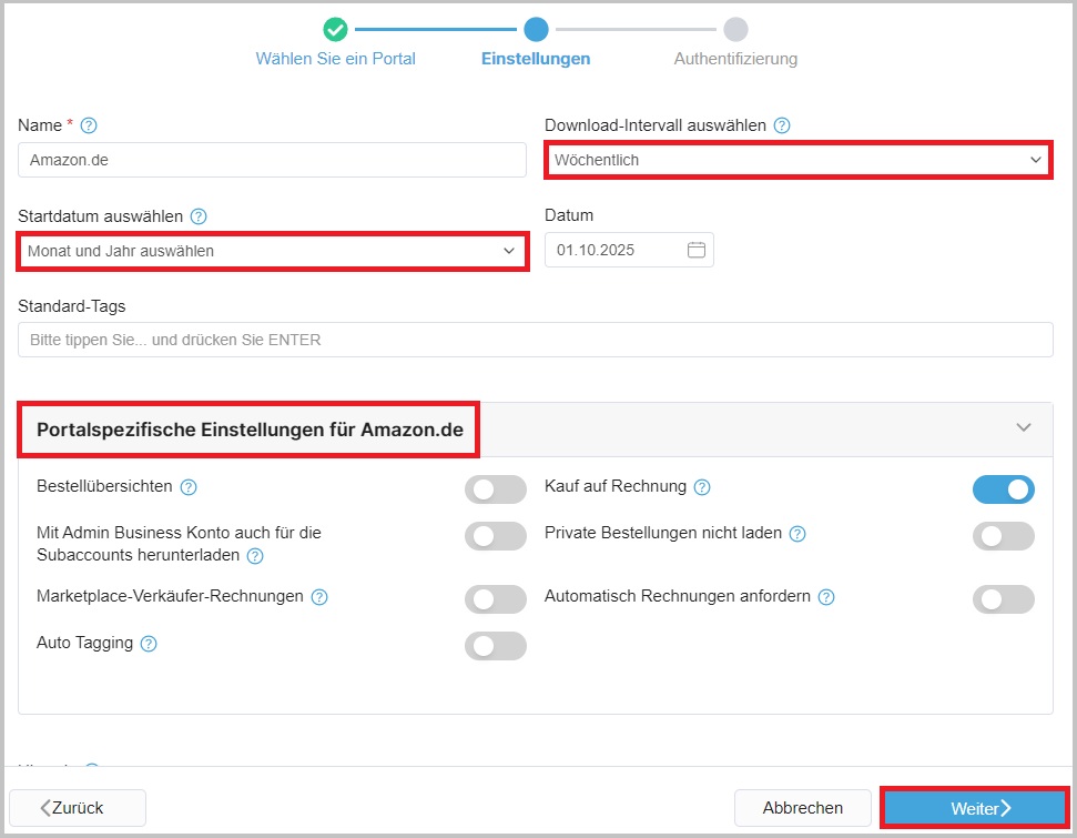 Impostazioni relative alla data di inizio, all’intervallo di download e alle opzioni specifiche del portale