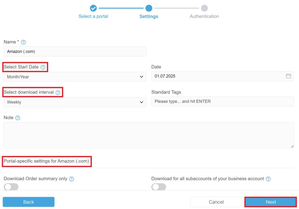 Step 4: Set the start date, download interval, and portal-specific settings. Then click “Next”. - Desktop App Installation & Setup