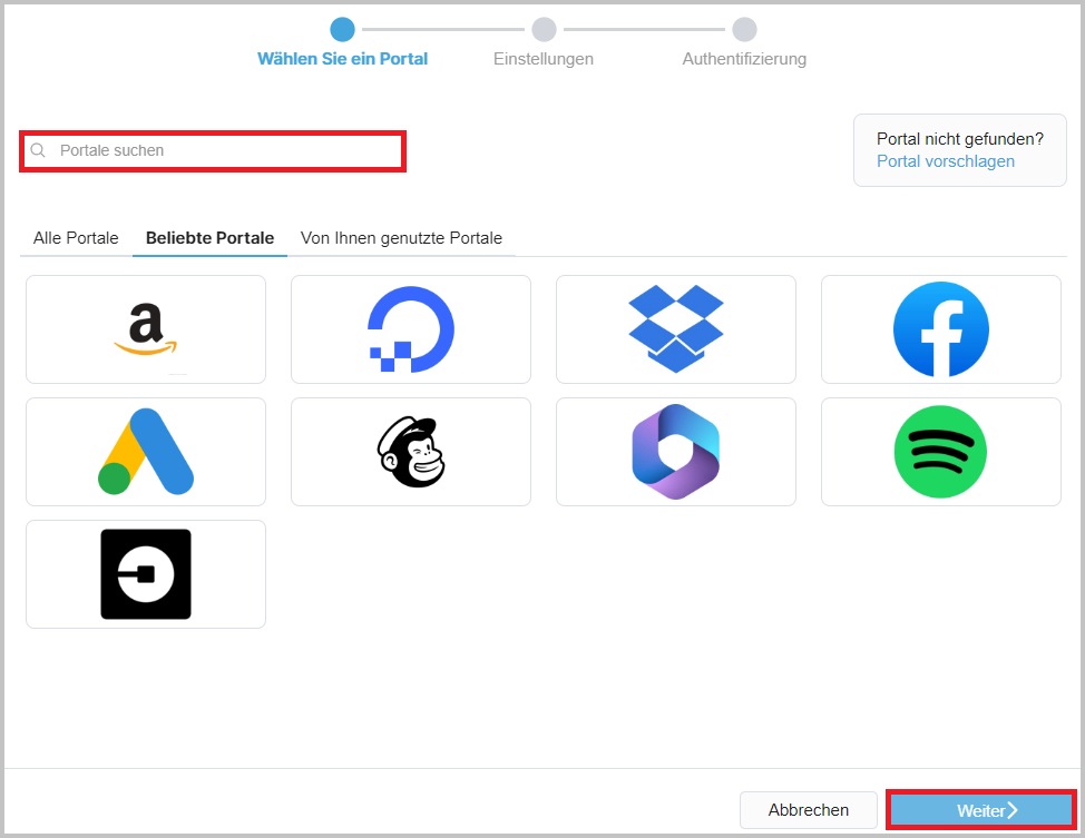 Campo di ricerca dell’app desktop con la selezione del portale