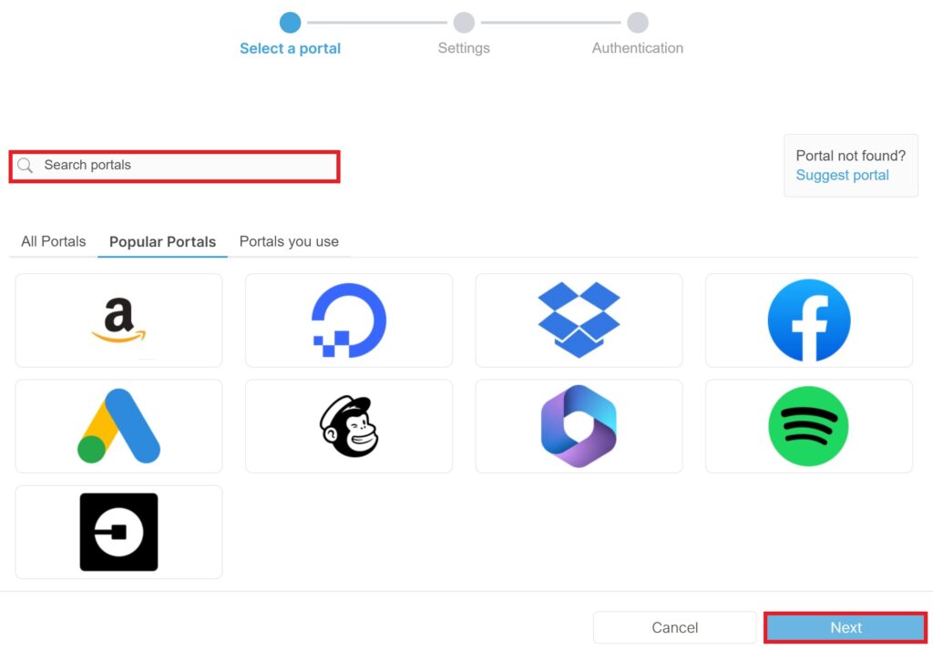 Step 3: Select the desired portal in the search field. Click on “Continue”. - Desktop App Installation & Setup