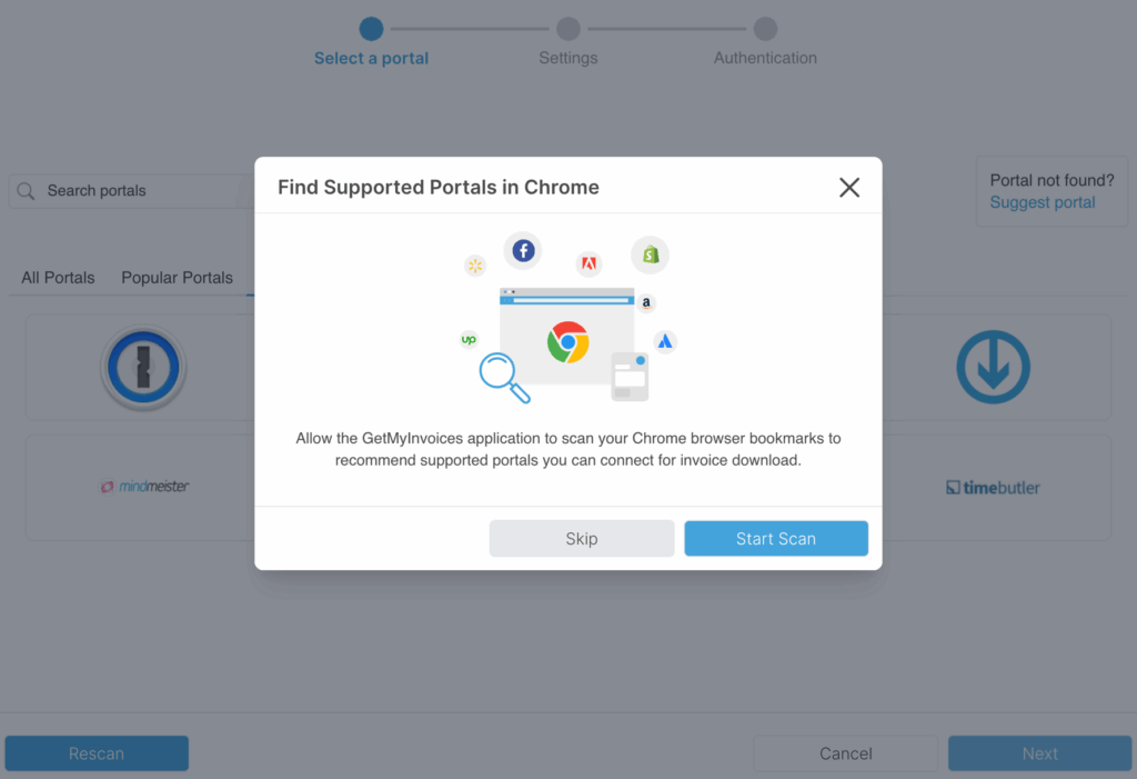 Setup & recommendation Automatically detect portals: Allow the app to scan your Chrome bookmarks. This allows the application to