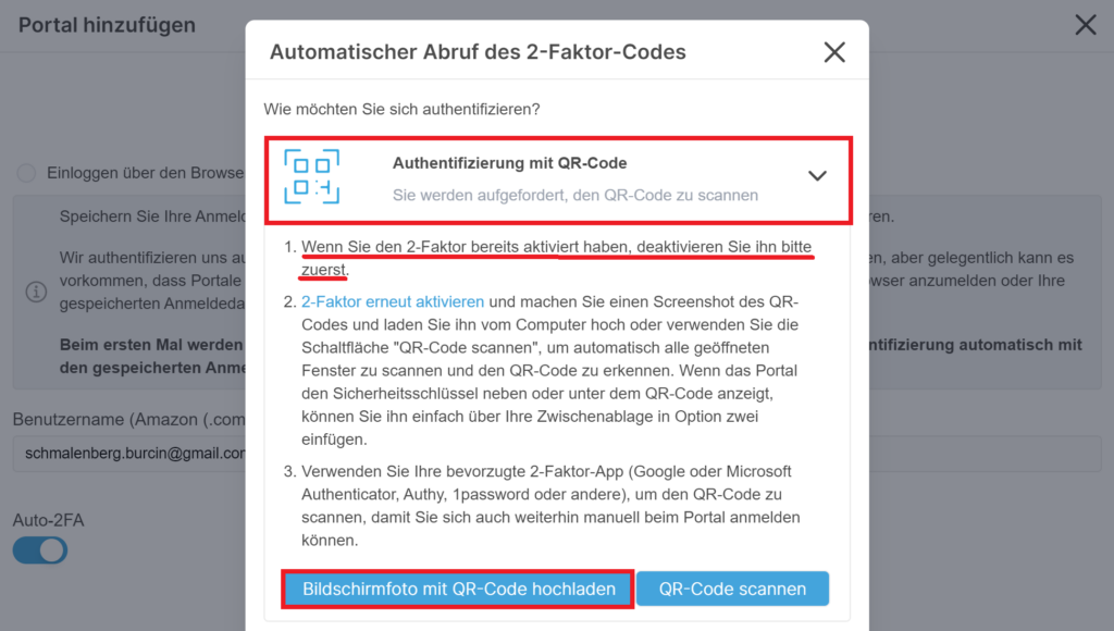 Impostazioni del portale con l’opzione “App di autenticazione” e il codice QR visualizzato