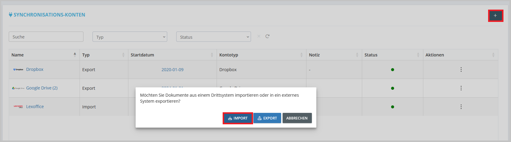 Ablauf: über Synchronisation und das Plus-Symbol ein Import-Konto anlegen