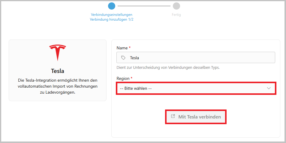 Auswahl der Region mit der Option Mit Tesla verbinden