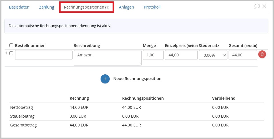 Aktivierung des Addons Rechnungspositionen mit den angezeigten Zusatzkosten