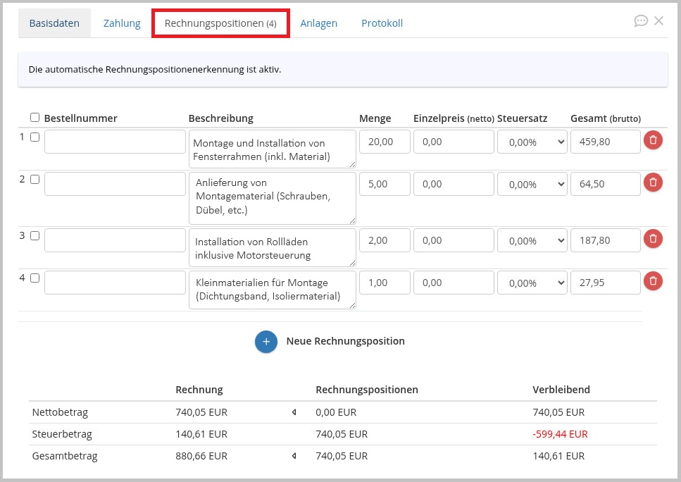 Ausgelesene Rechnungspositionen in der Dokumentenansicht