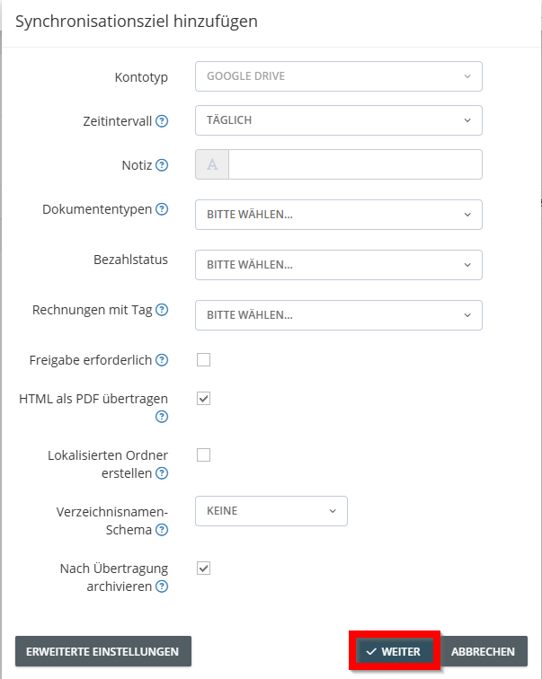 Impostazioni avanzate per l’esportazione su Google Drive