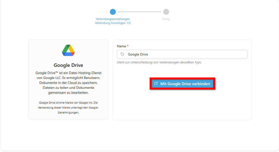 Finestra di dialogo di connessione con l’opzione «Collegare a Google Drive»