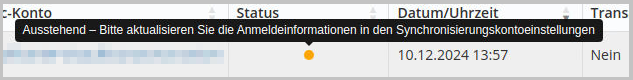 Messaggio di errore nella dashboard in caso di connessione interrotta a Lexware Office