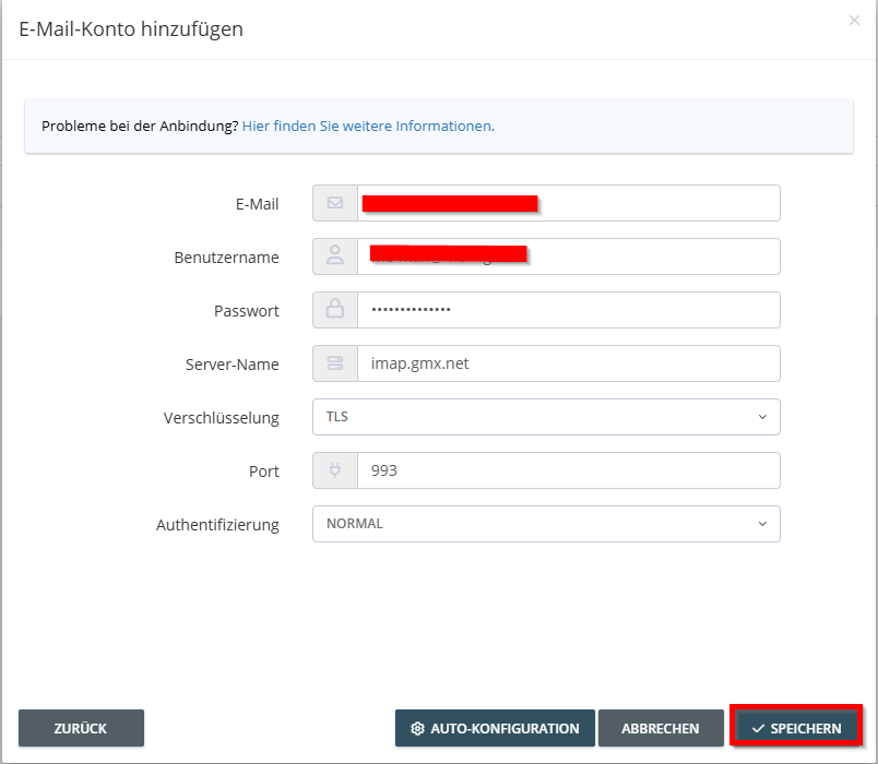 Dati di accesso IMAP inseriti manualmente: l’esempio di un account GMX