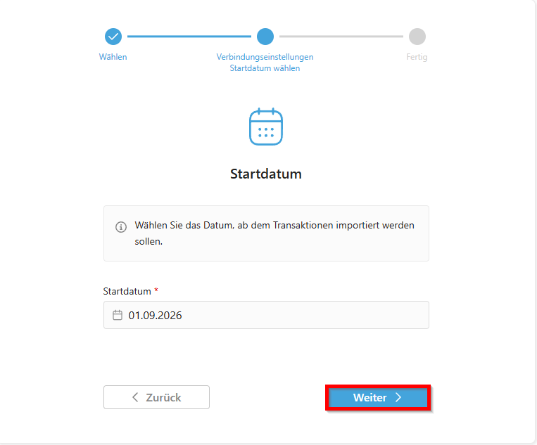 Selezione della data di inizio per l’importazione delle transazioni